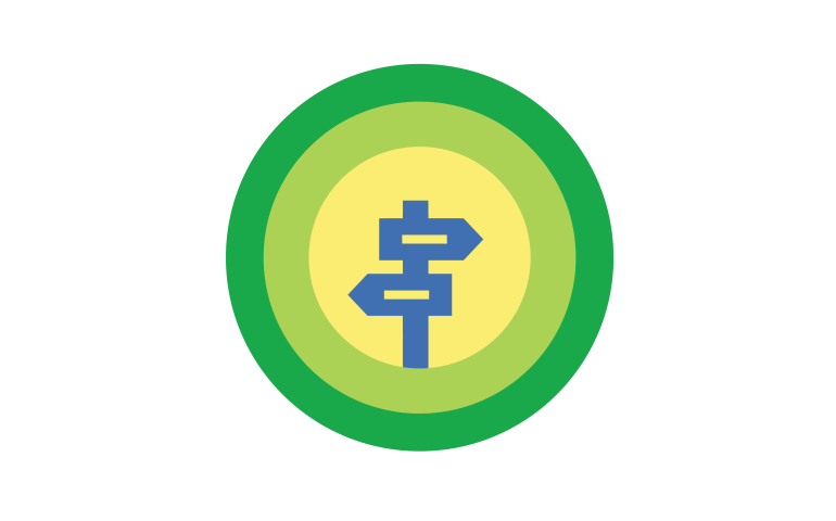 Circular icon with graphic image of direction arrows 